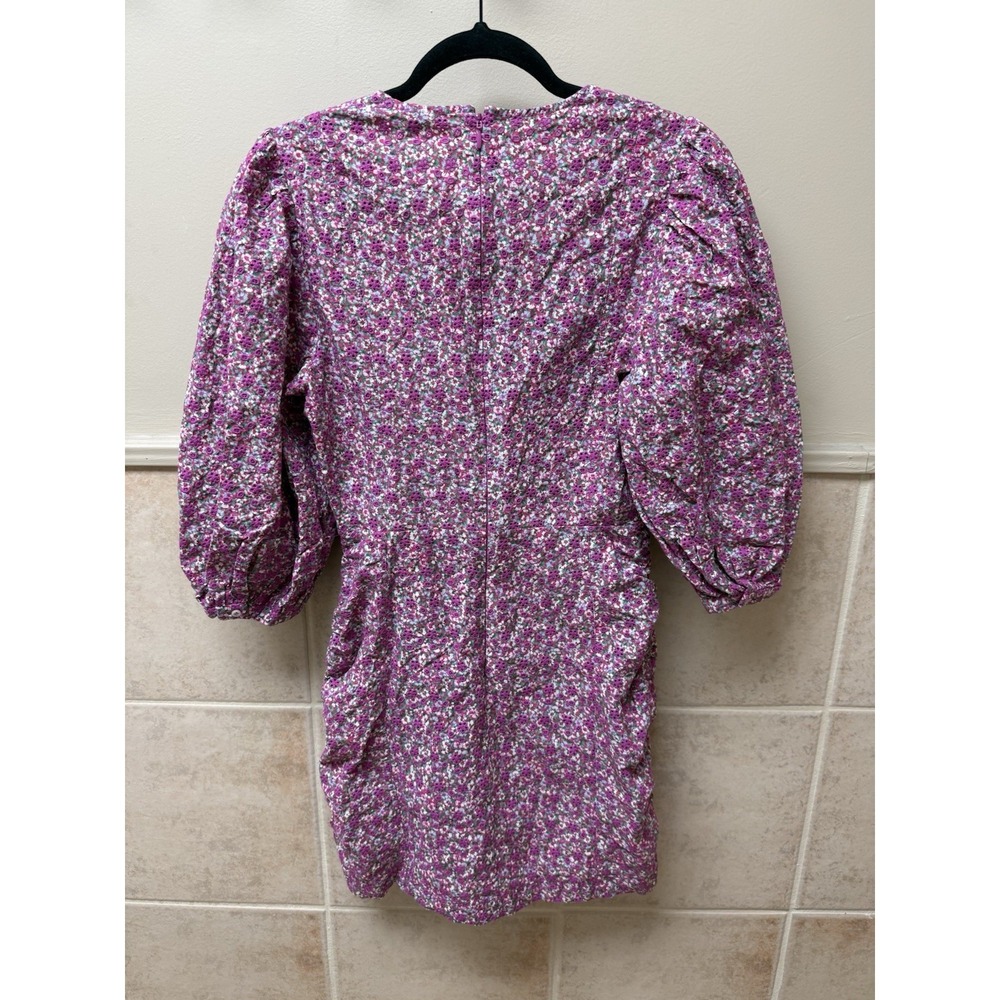 Maje Ryad Floral Puff Sleeve Ruched Mini Dress Fuchsia Pink Cotton Sz 38 US 6 - Picture 3 of 15